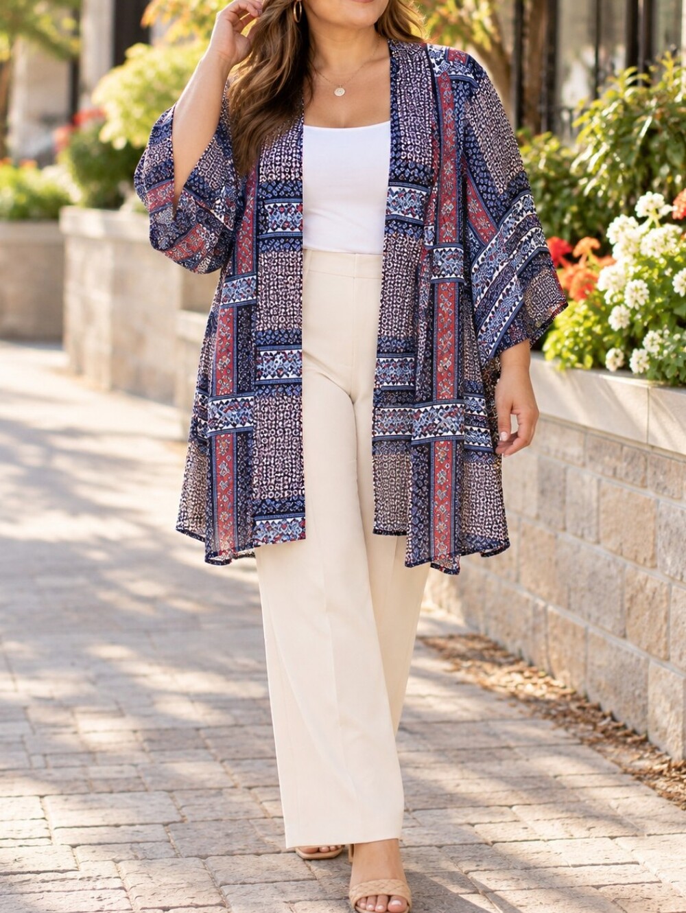 Tahari Navy Red Cream Patchwork Print Open Front Kimono Robe Casual Festival